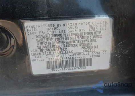 2020 Nissan Versa S Xtronic Cvt из США, поврежденный, VIN 3N1CN8DV0LL876452